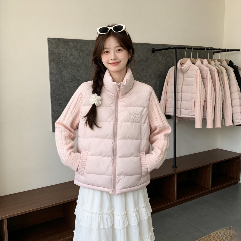 粉色温柔风减龄立领设计感针织麻花袖子拼接休闲宽松棉服外套女潮