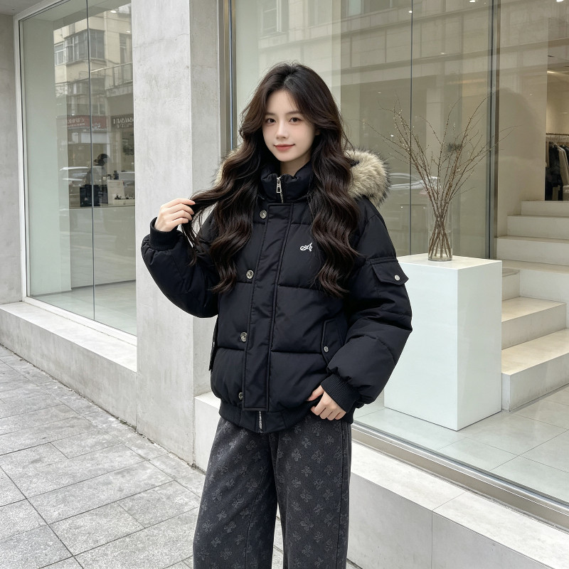 大毛领连帽加厚保暖防寒休闲宽松慵懒风棉服外套女百搭面包服气质