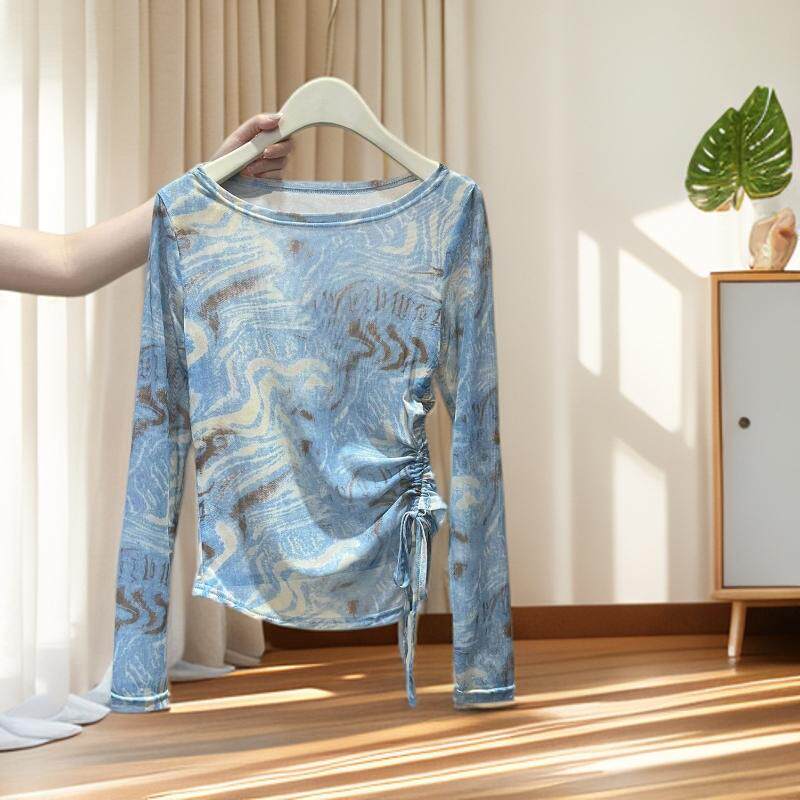 薄款冰丝透气夏季设计感渐变色扎染小个子圆领长袖T恤女防晒罩衫