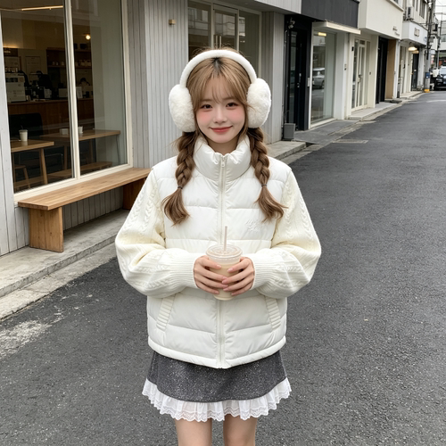 白色温柔风立领针织麻花袖子拼接宽松休闲小个子排骨棉服外套女潮