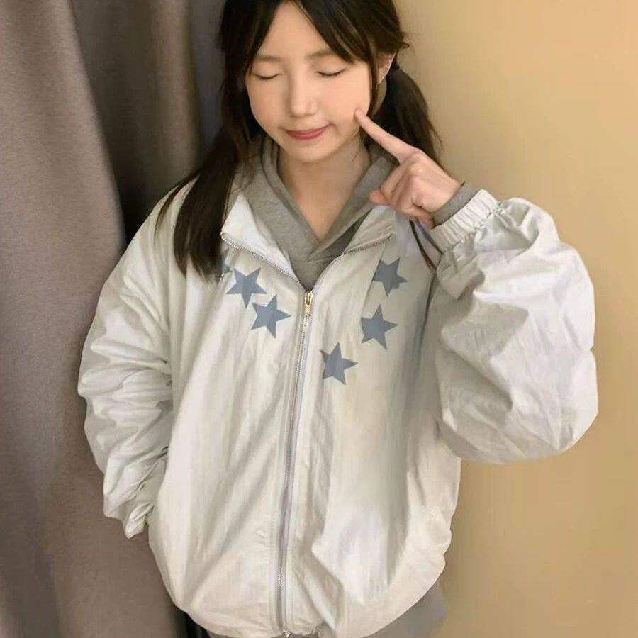 夏季星星印花慵懒风薄款冰丝透气宽松大码小个子立领防晒外套女潮