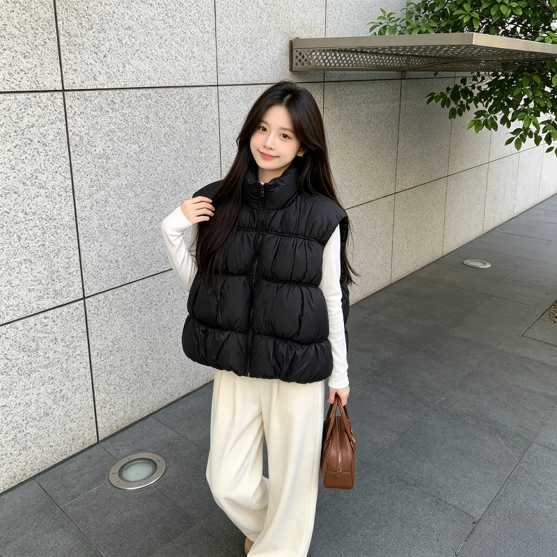 秋冬设计感慵懒风宽松大码小个子无袖坎肩立领棉服马夹外套女百搭