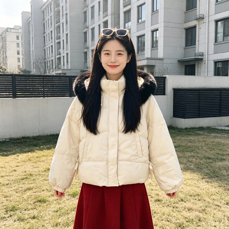 温柔风冬季大毛领连帽加厚保暖防寒收腰设计感棉服外套女面包服潮