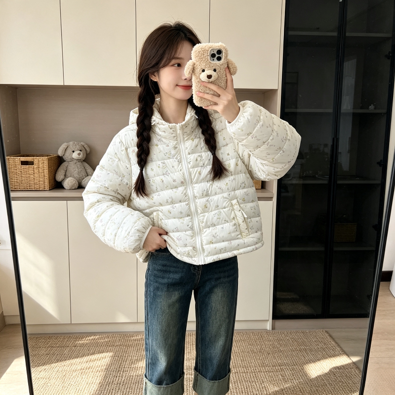 小碎花连帽轻薄款秋冬休闲百搭小个子洋气减龄防寒排骨服棉服女潮