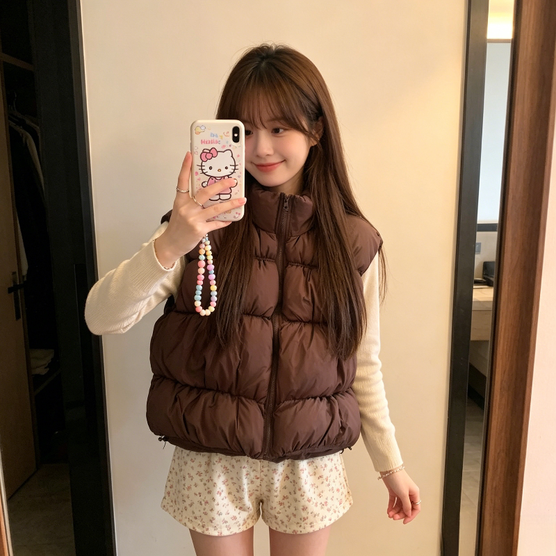 学生减龄秋冬设计感立领无袖坎肩棉服马夹外套女宽松大码小个子潮