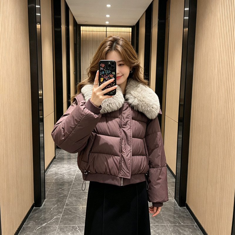 大翻领毛领冬季短款休闲宽松加厚保暖防寒棉服外套女面包服棉袄潮