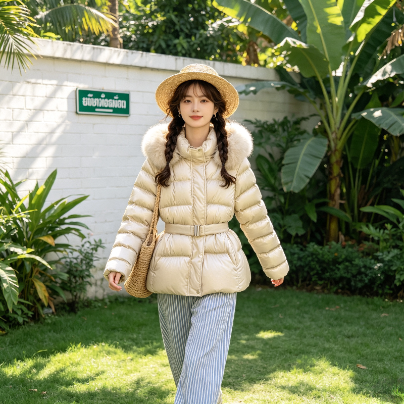 欧货轻奢气质连帽大毛领加厚保暖防寒小个子宽松收腰棉服外套女潮