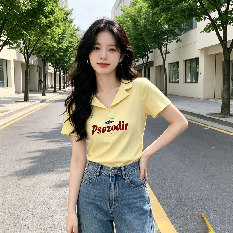 奶油黄减龄显白掐腰显瘦设计感polo衫翻领短款洋气短袖T恤女上衣