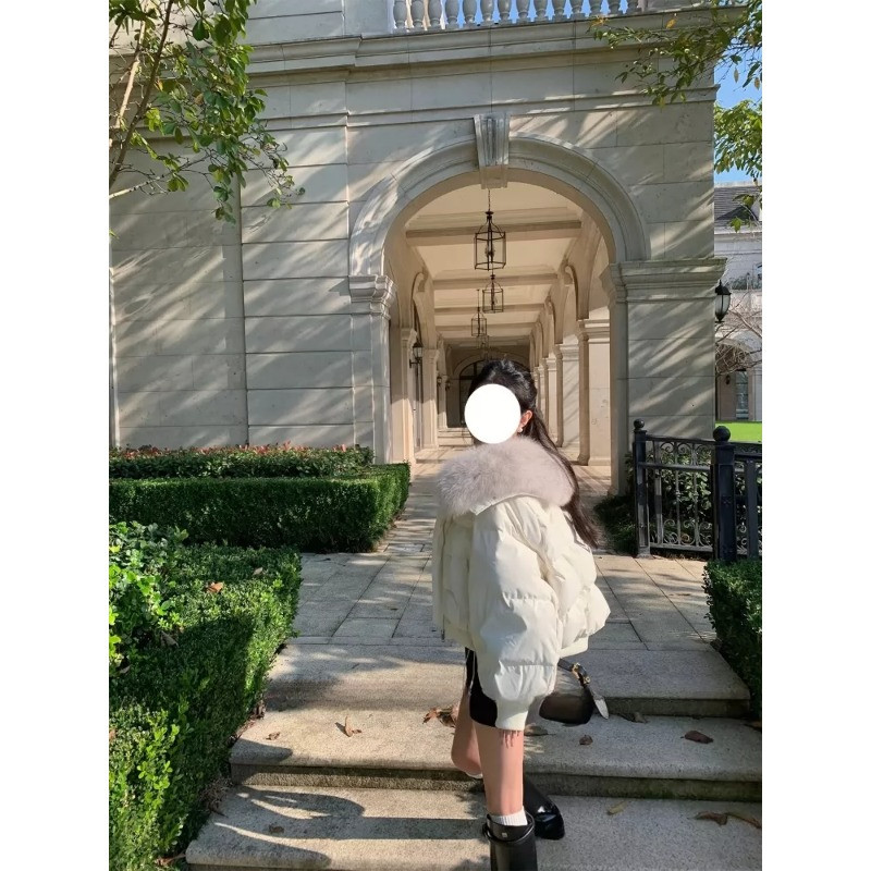 千金风轻奢气质大翻领毛领短款宽松休闲小个子加厚棉服外套女棉袄