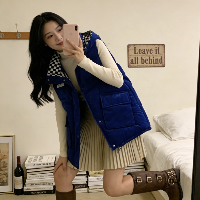棋盘格连帽设计感慵懒风宽松大码小个子免洗亮面棉服马夹外套女潮
