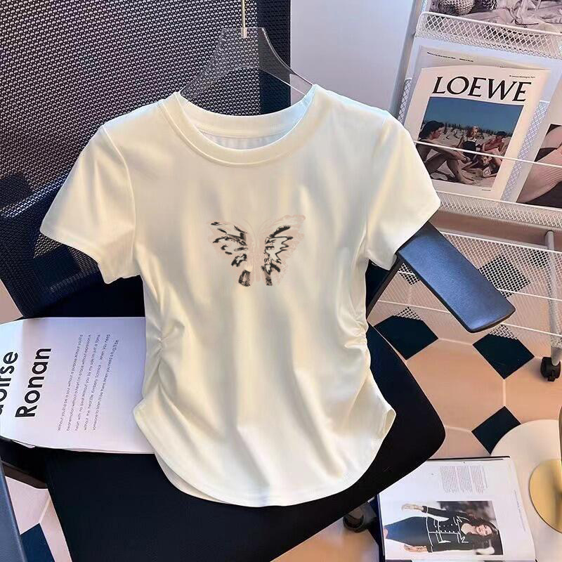 夏季美式正肩修身短袖t恤女设计感复古圆领白色扎染收腰短款上衣