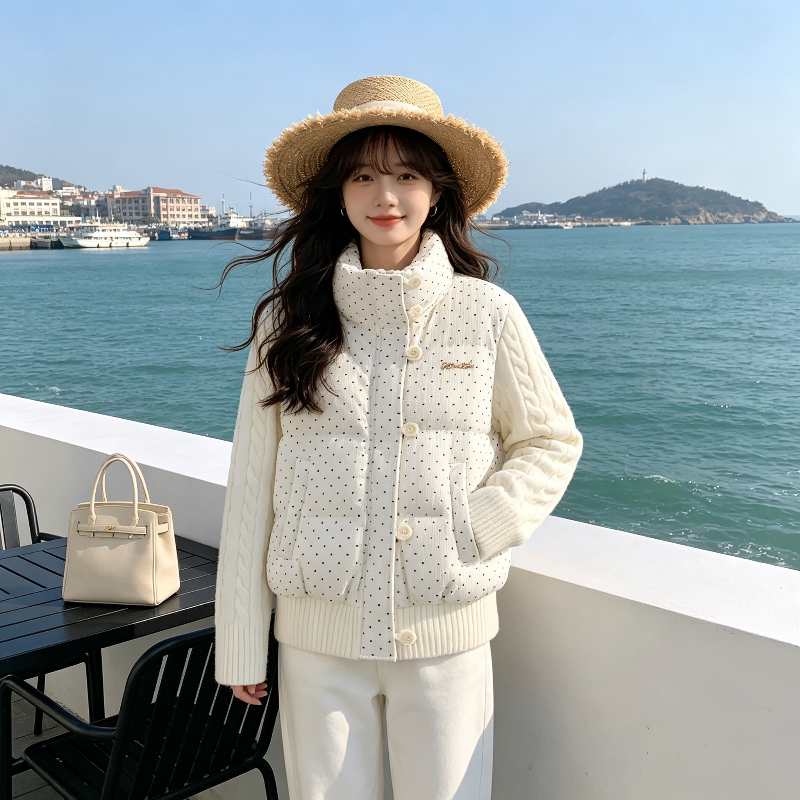波点立领设计感洋气减龄小个子针织麻花袖子拼接棉服外套女休闲潮