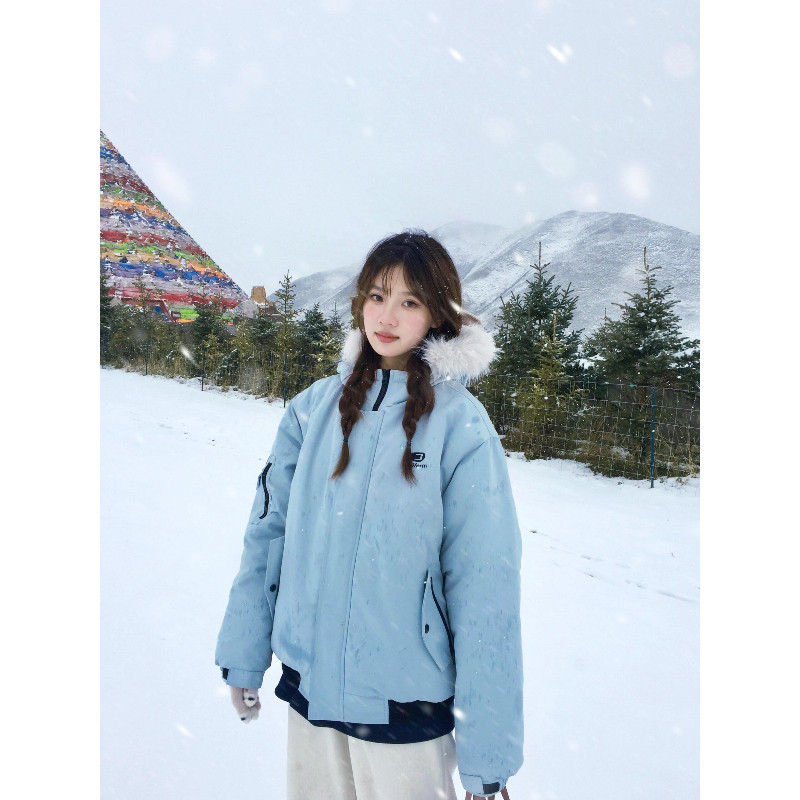 港风工装连帽毛领加厚保暖防寒宽松大码小个子棉服外套女派克棉袄