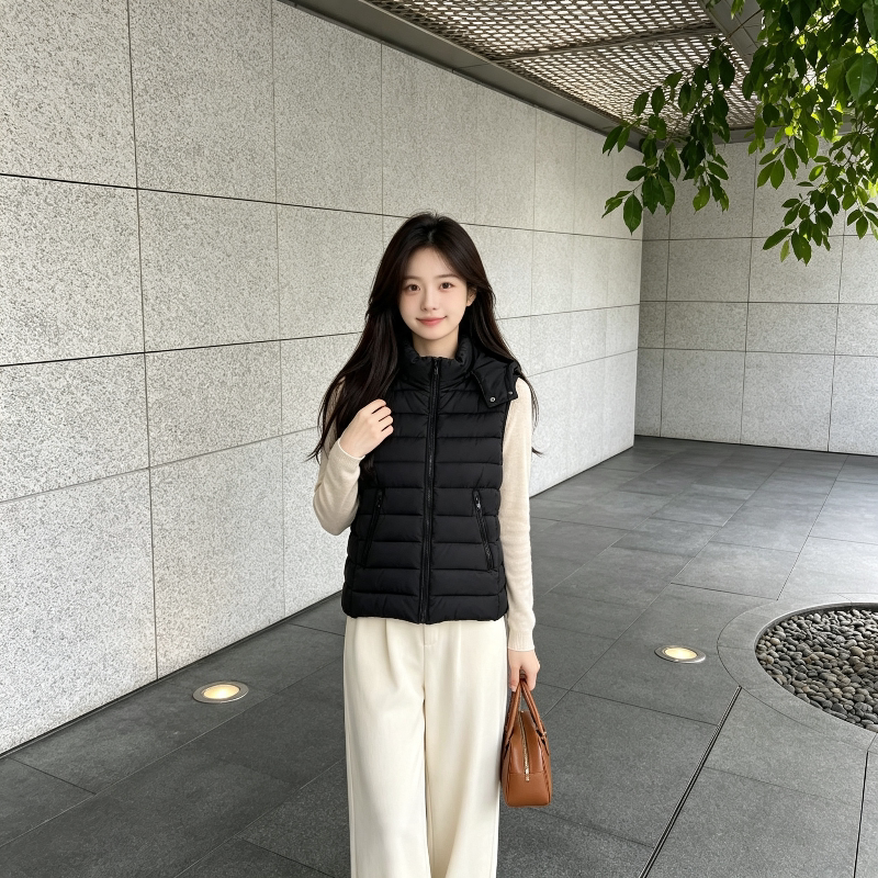 秋冬轻薄款连帽设计感修身显瘦小个子无袖坎肩排骨服棉衣马夹女潮
