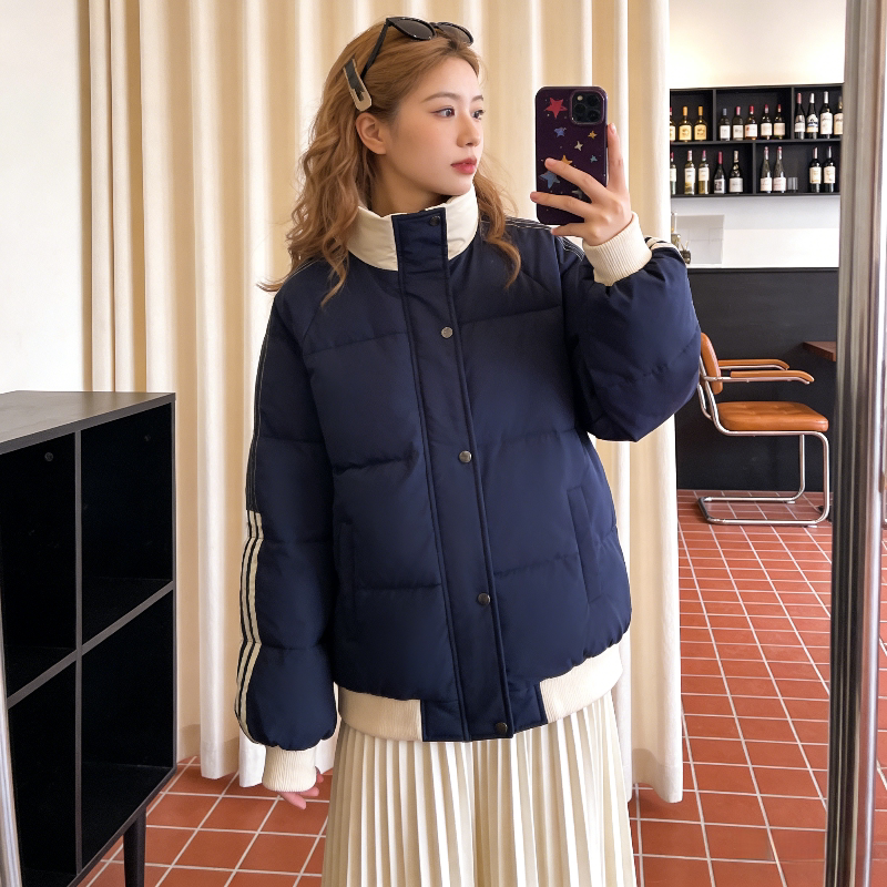 三条杠拼接撞色立领慵懒风设计感加厚保暖棉服外套女面包服棉袄潮