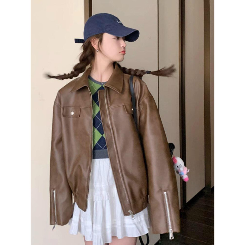 PU皮免洗亮面设计感翻领宽松大码小个子皮衣外套女高街机车夹克潮