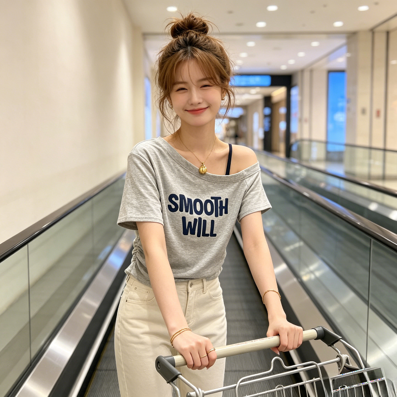 夏季设计感露肩短款掐腰修身显瘦小众短袖T恤上衣女洋气百搭休闲