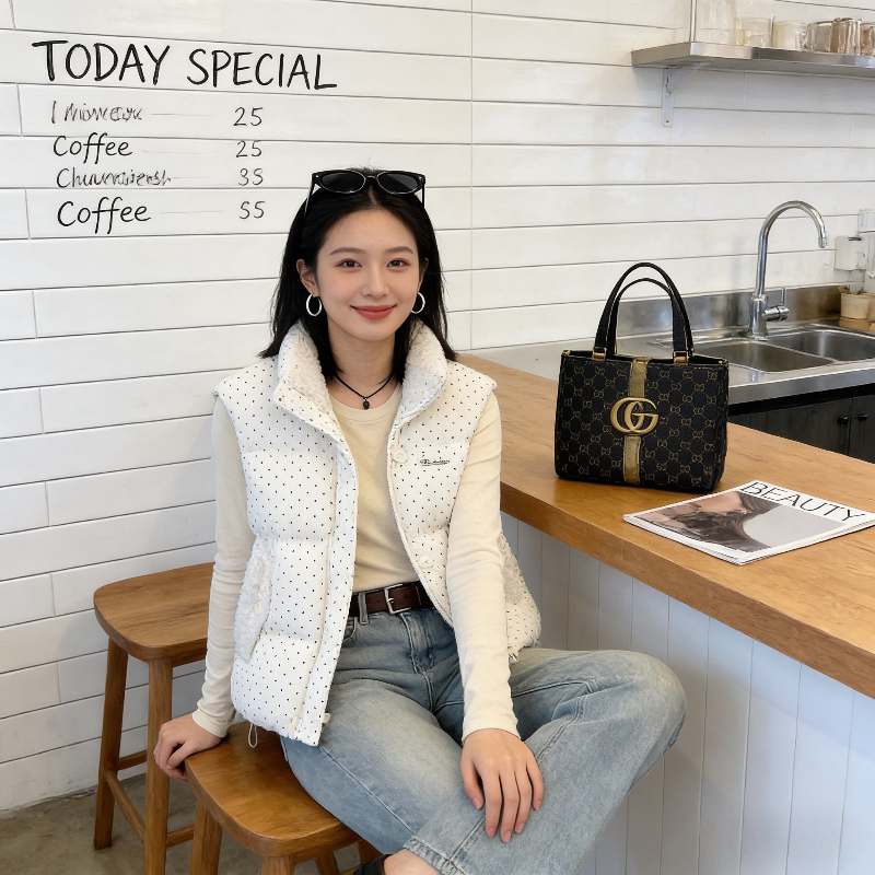 波点立领毛茸茸减龄设计感宽松大码小个子棉服马夹外套女马甲洋气