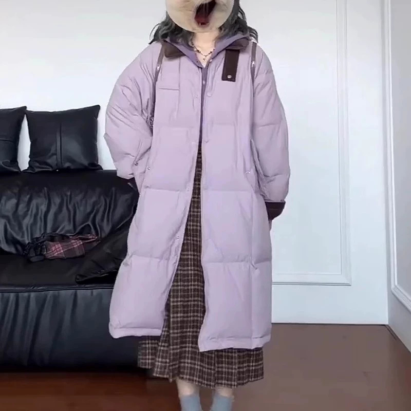 香芋紫冬季中长款过膝翻领宽松大码小个子休闲百搭防寒棉服外套女