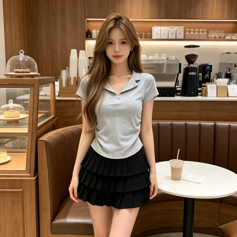 灰色高级感短款小众抽褶翻领Polo衫短袖T恤上衣女洋气小个子百搭