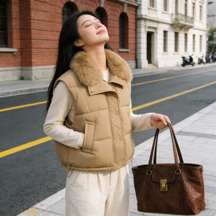欧货大毛领设计感短款洋气小个子宽松无袖坎肩棉服马夹外套女马甲