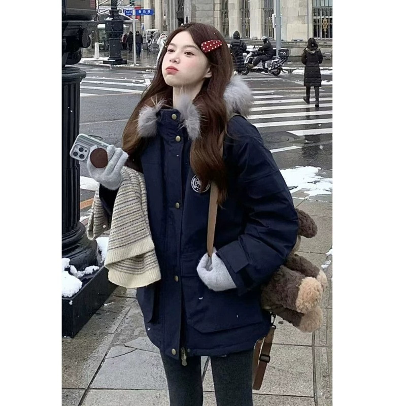 冬季大毛领连帽宽松大码小个子加厚保暖防寒棉服外套女派克棉袄潮