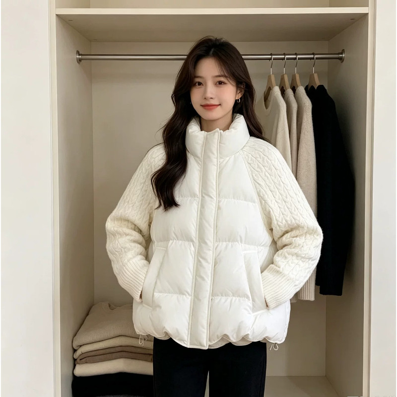 白色温柔风设计感针织麻花袖子拼接加厚保暖棉服外套女面包服防寒