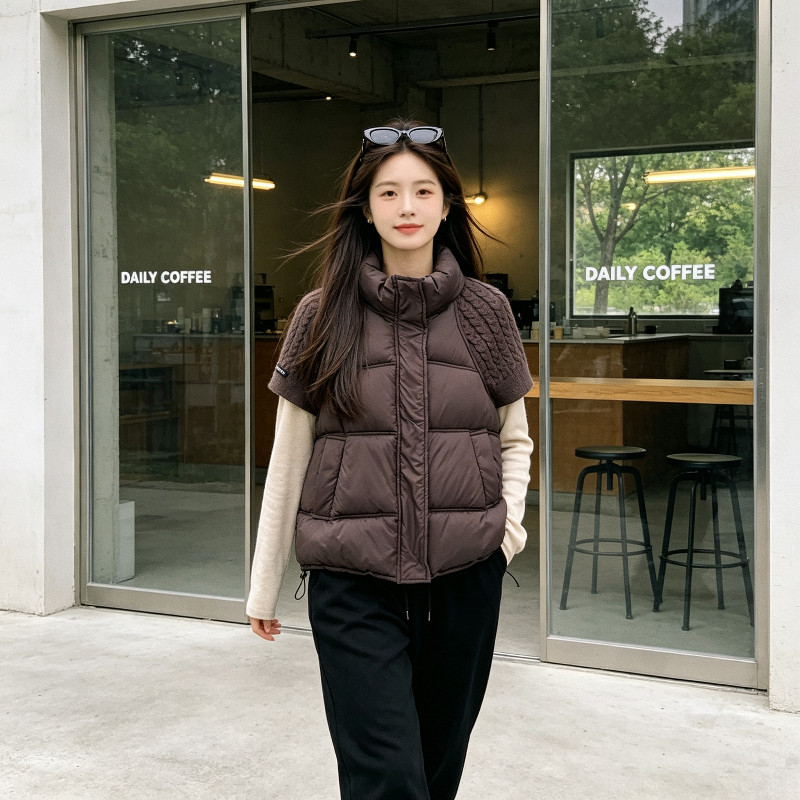 欧货立领针织短袖拼接休闲宽松大码小个子棉服马夹外套女洋气百搭