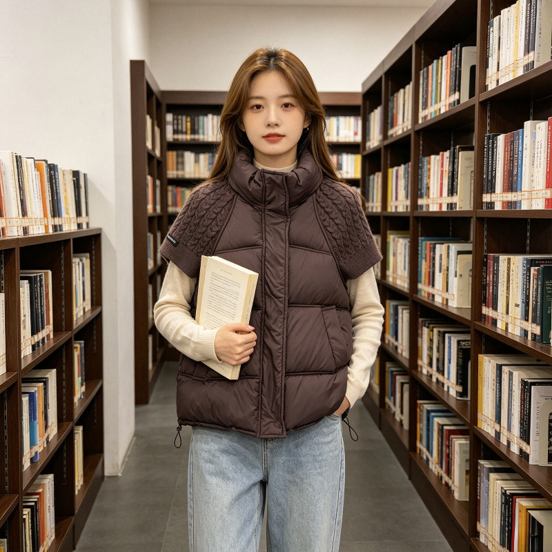 秋冬立领欧货针织短袖设计感宽松大码休闲小个子棉服马夹外套女潮