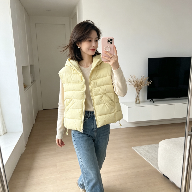 奶黄色温柔风减龄连帽宽松大码休闲小个子无袖坎肩棉服马夹外套女