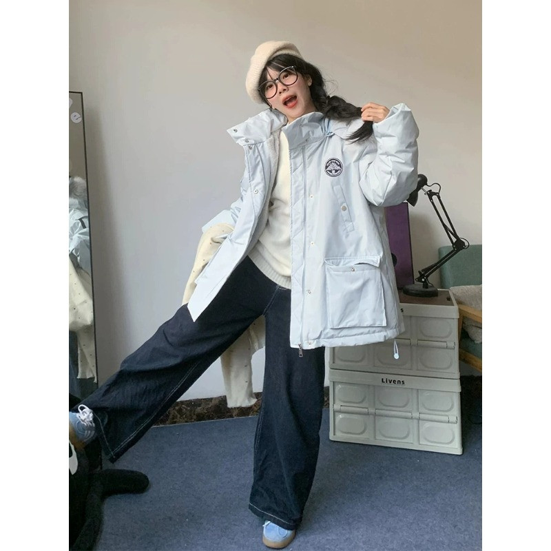 工装冬季大毛领连帽保暖防寒宽松大码小个子棉服外套女派克棉袄潮