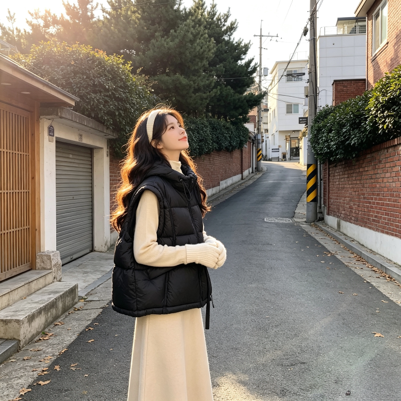 秋冬慵懒风宽松大码小个子无袖坎肩连帽棉服马夹外套女休闲百度潮
