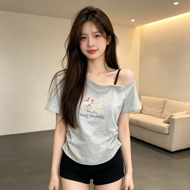 夏季正肩设计感短款吊带露肩短袖T恤上衣女小个子掐腰修身纯欲风