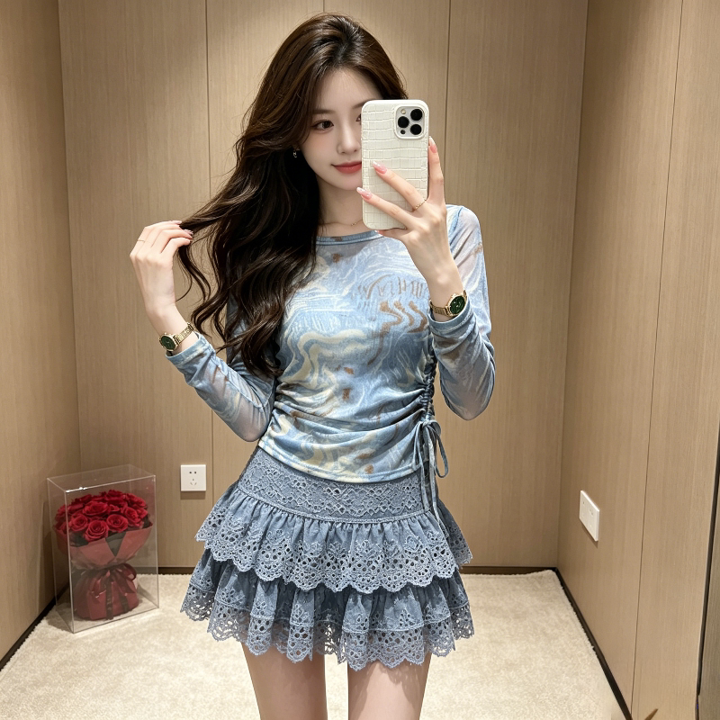 夏季大码薄款冰丝透气扎染抽褶长袖T恤上衣女休闲百搭小个子罩衫