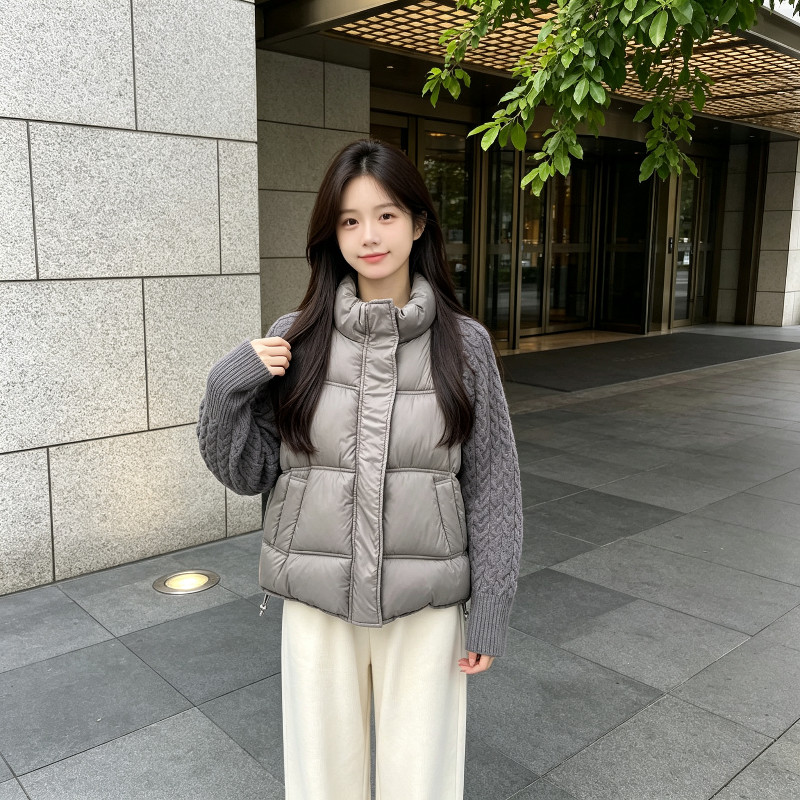 冬季欧货立领设计感宽松大码小个子加厚保暖针织麻花袖子棉服女潮