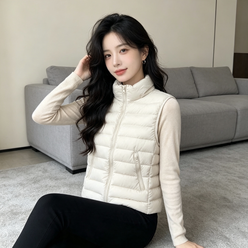 温柔风白色立领减龄修身显瘦小个子无袖坎肩轻薄排骨服棉衣马夹女