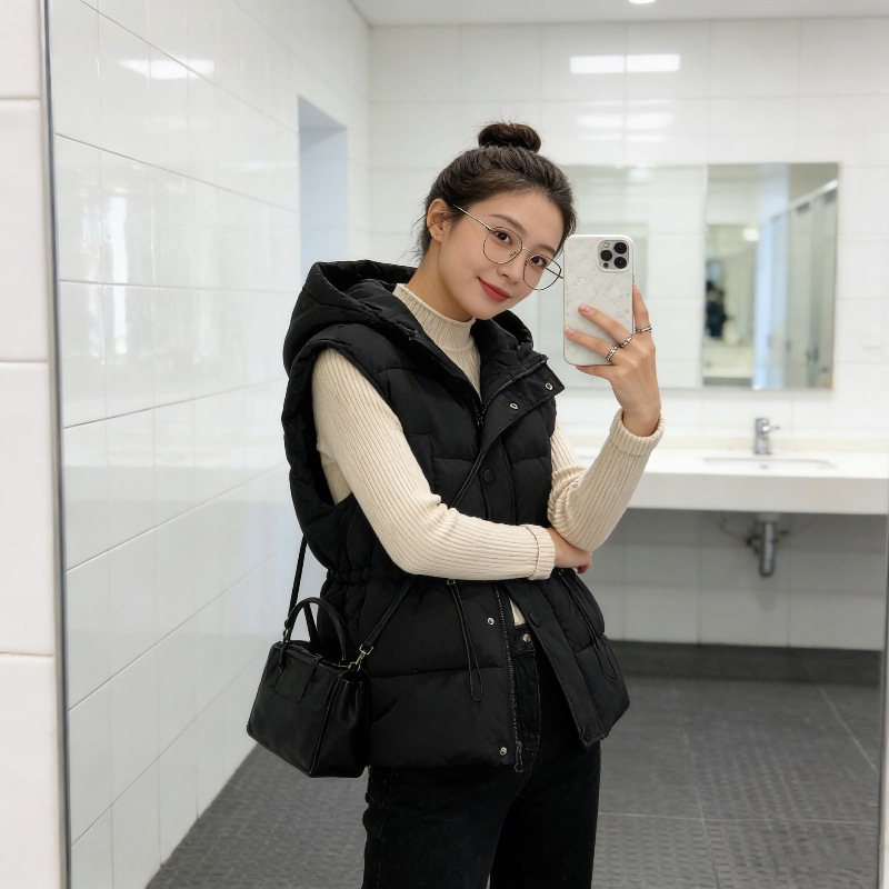 欧货慵懒风设计感宽松大码小个子无袖坎肩棉服马夹外套女背心马甲