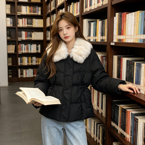 大毛领冬季翻领设计感加厚保暖收腰显瘦小个子棉服外套女设计感潮