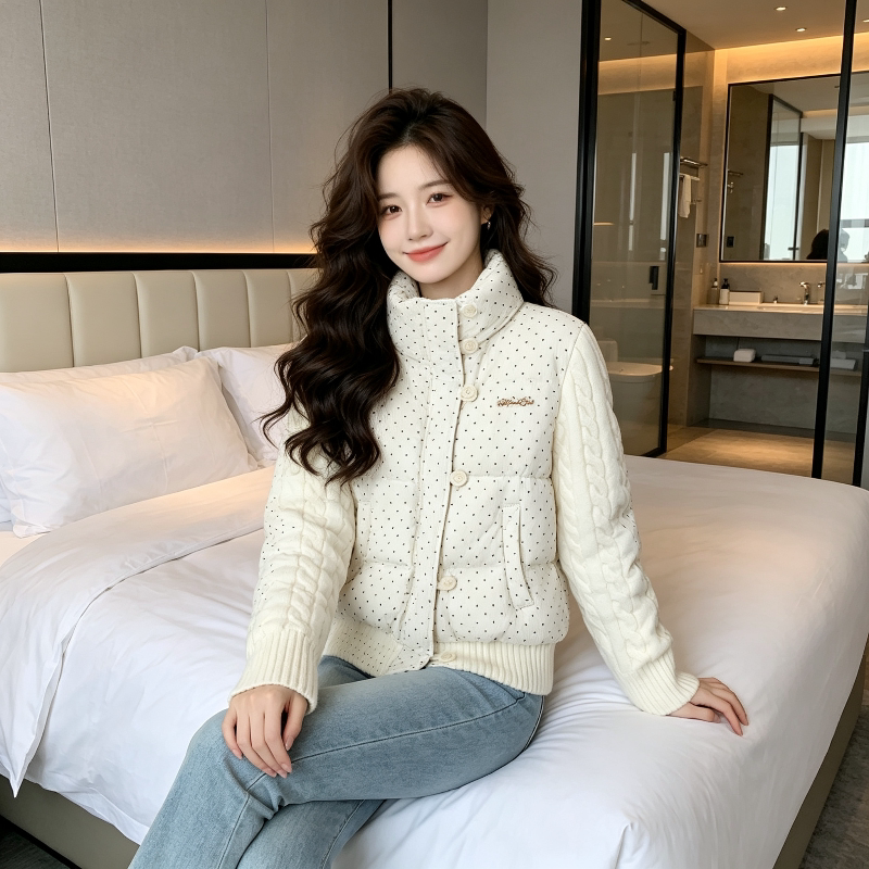波点立领减龄设计感小个子收腰显瘦针织麻花袖子拼接棉服外套女式