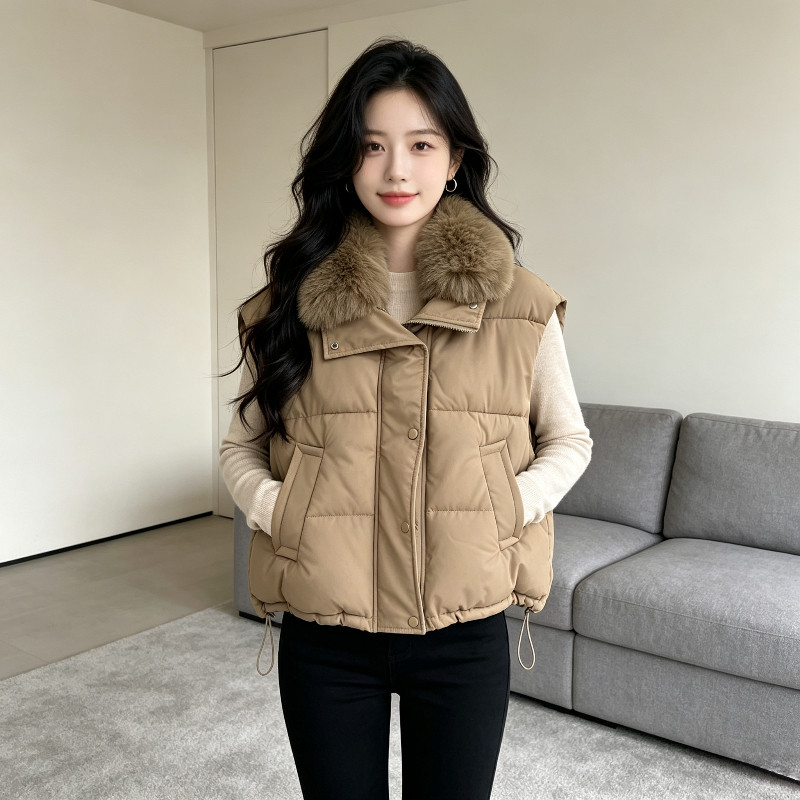 大毛领设计感休闲宽松小个子翻领无袖坎肩棉服马夹外套女气质轻奢