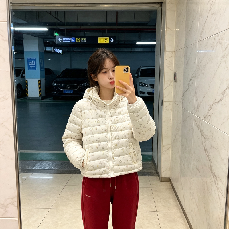 小碎花慵懒风设计感连帽宽松小个子轻薄款棉服排骨服减龄洋气女潮