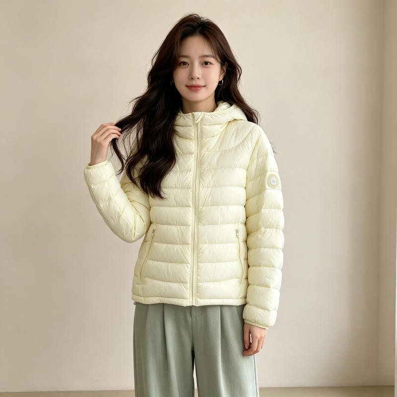 奶黄色减龄温柔风连帽轻薄款保暖防寒小个子休闲棉服外套女排骨服