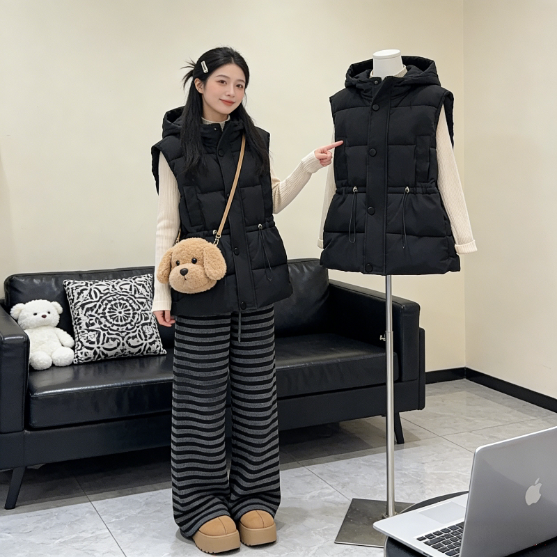 欧货慵懒风设计感连帽宽松大码小个子无袖坎肩棉服马夹外套女马甲