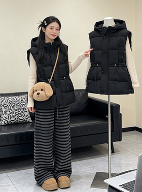 欧货慵懒风设计感连帽宽松大码小个子无袖坎肩棉服马夹外套女马甲