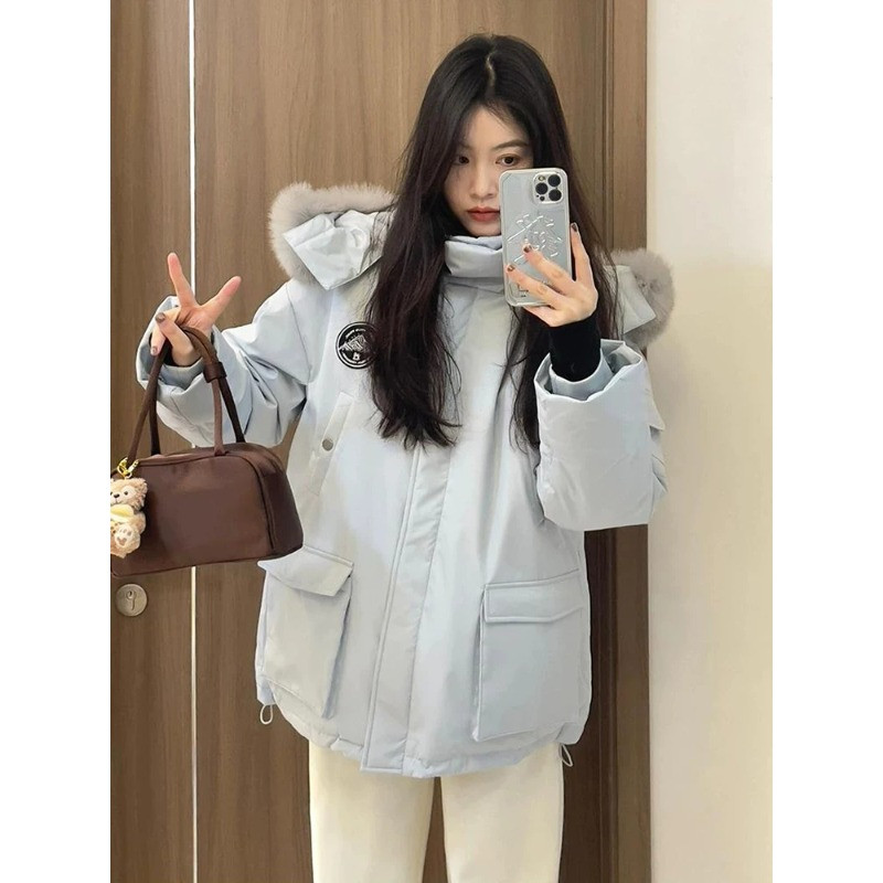 水蓝色减龄毛领加厚保暖防寒连帽宽松大码小个子派克棉服外套女潮