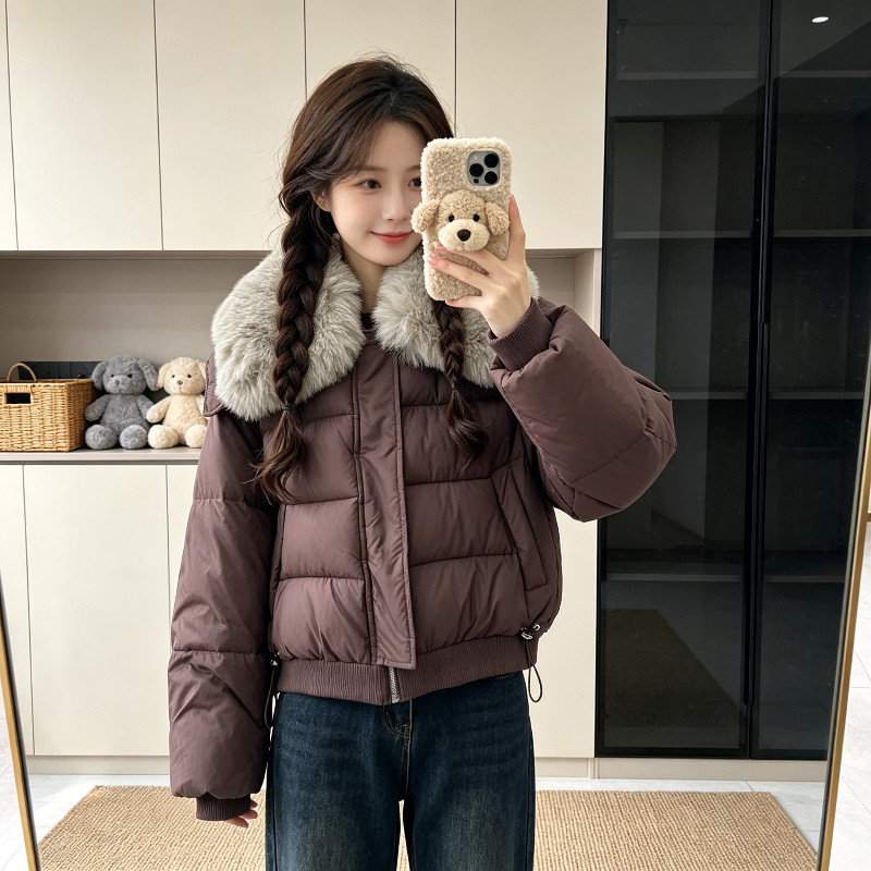 冬季大翻领毛领加厚保暖防寒宽松大码短款小个子棉服外套女面包服