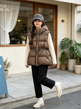 欧货慵懒风设计感连帽宽松大码小个子无袖坎肩棉服马夹外套女休闲