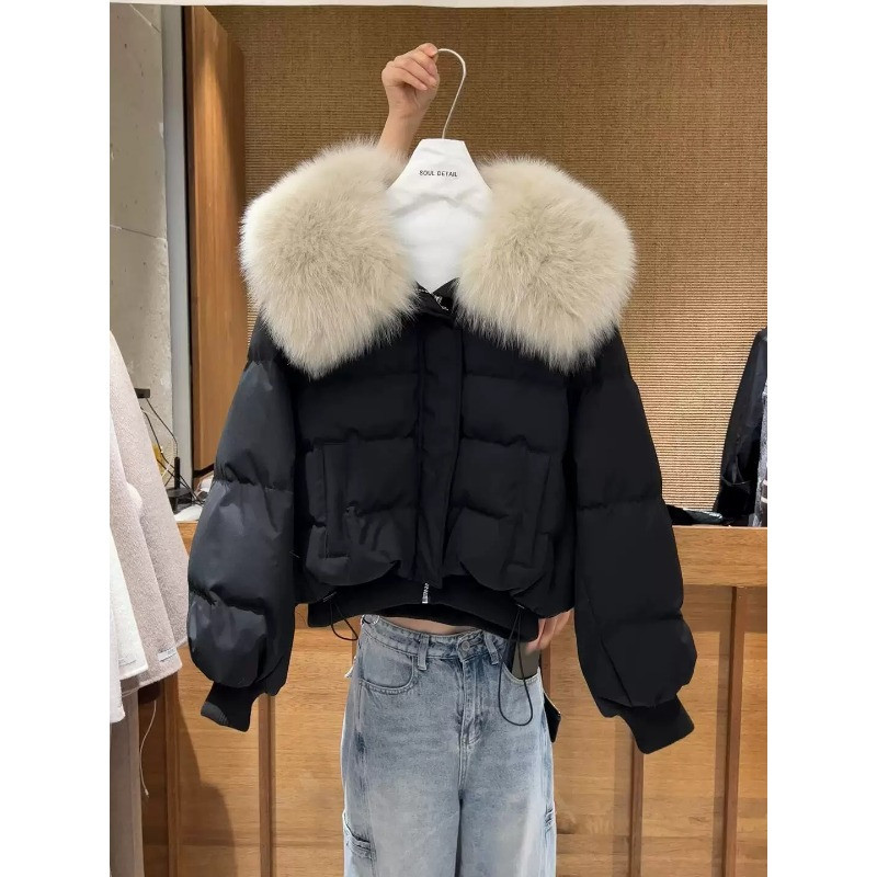 冬季大翻领毛领轻奢设计感短款加厚保暖防寒棉服外套女面包服棉袄