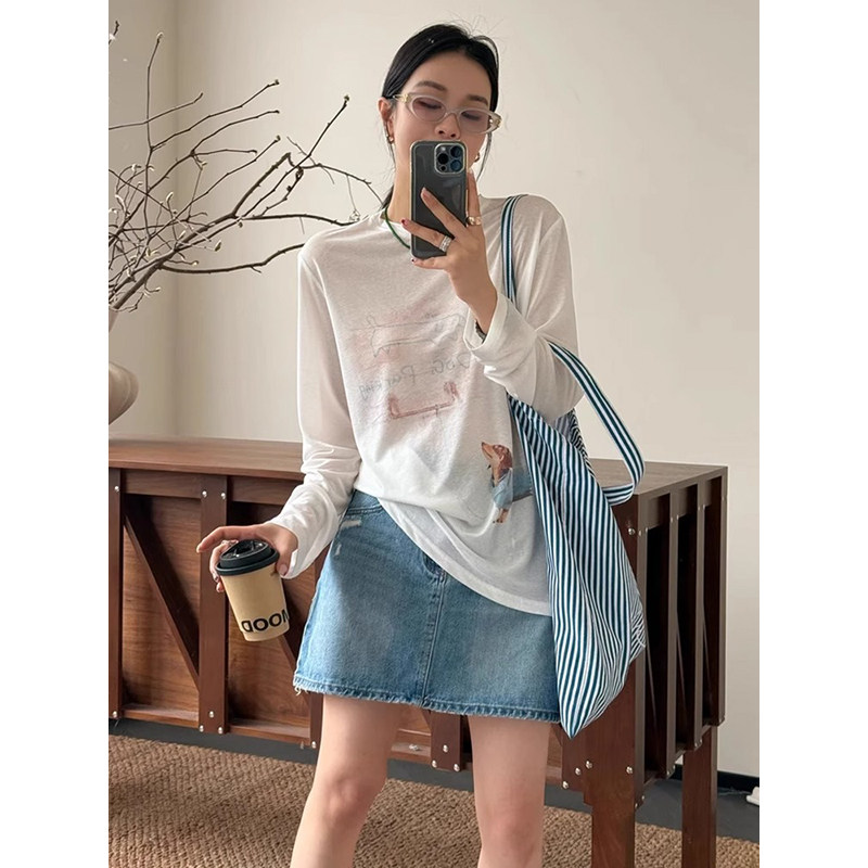 夏季慵懒风长袖薄款冰丝透气宽松大码小个子网纱防晒T恤上衣女潮