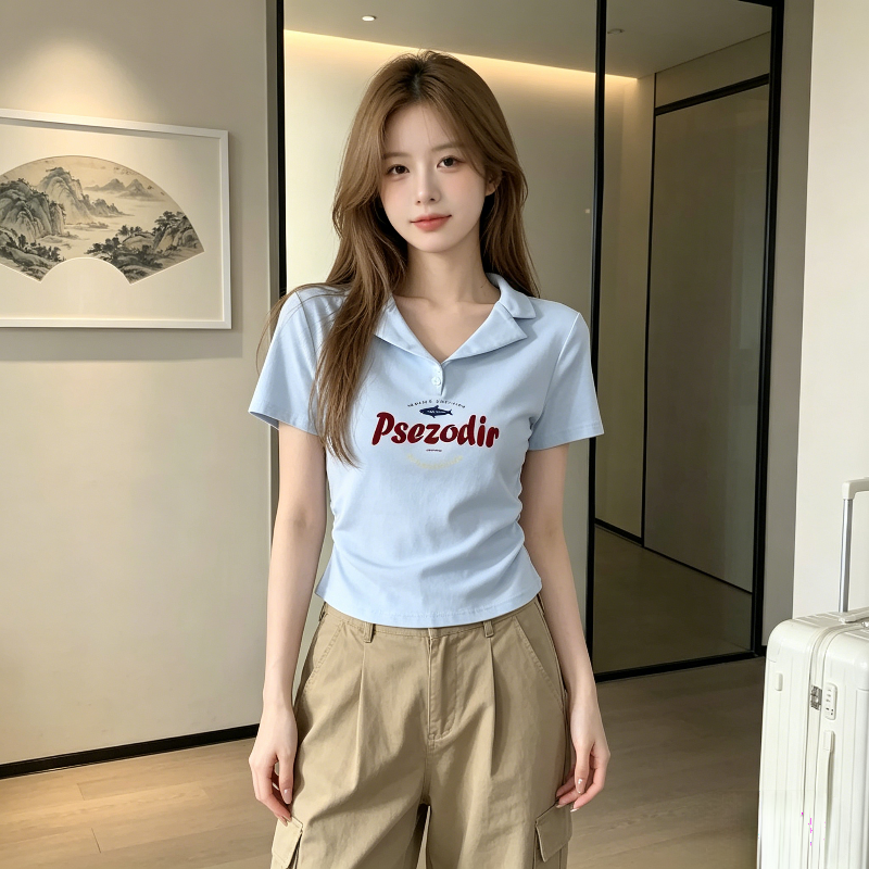 减龄polo衫翻领设计感短款小众小个子修身显瘦减龄短袖T恤女上衣
